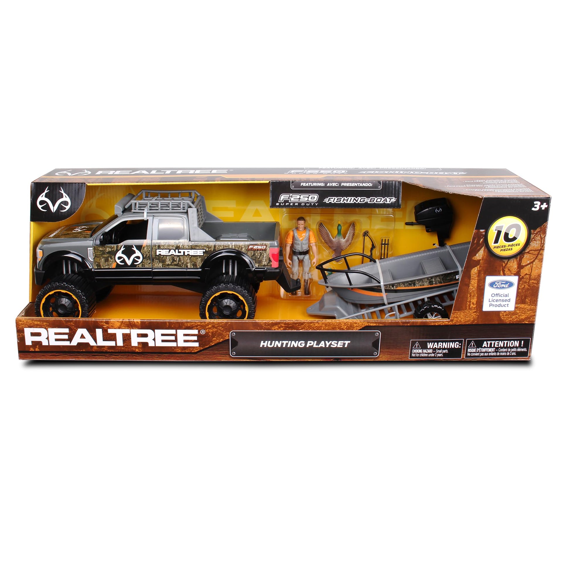 NKOK Realtree 1/18 Scale Free-Wheel Playsets 10-PC Set, RT Ford F-250 Super Duty Fishing Boat on Trailer & Accessories playset (Roof Rack, Hunter, 2