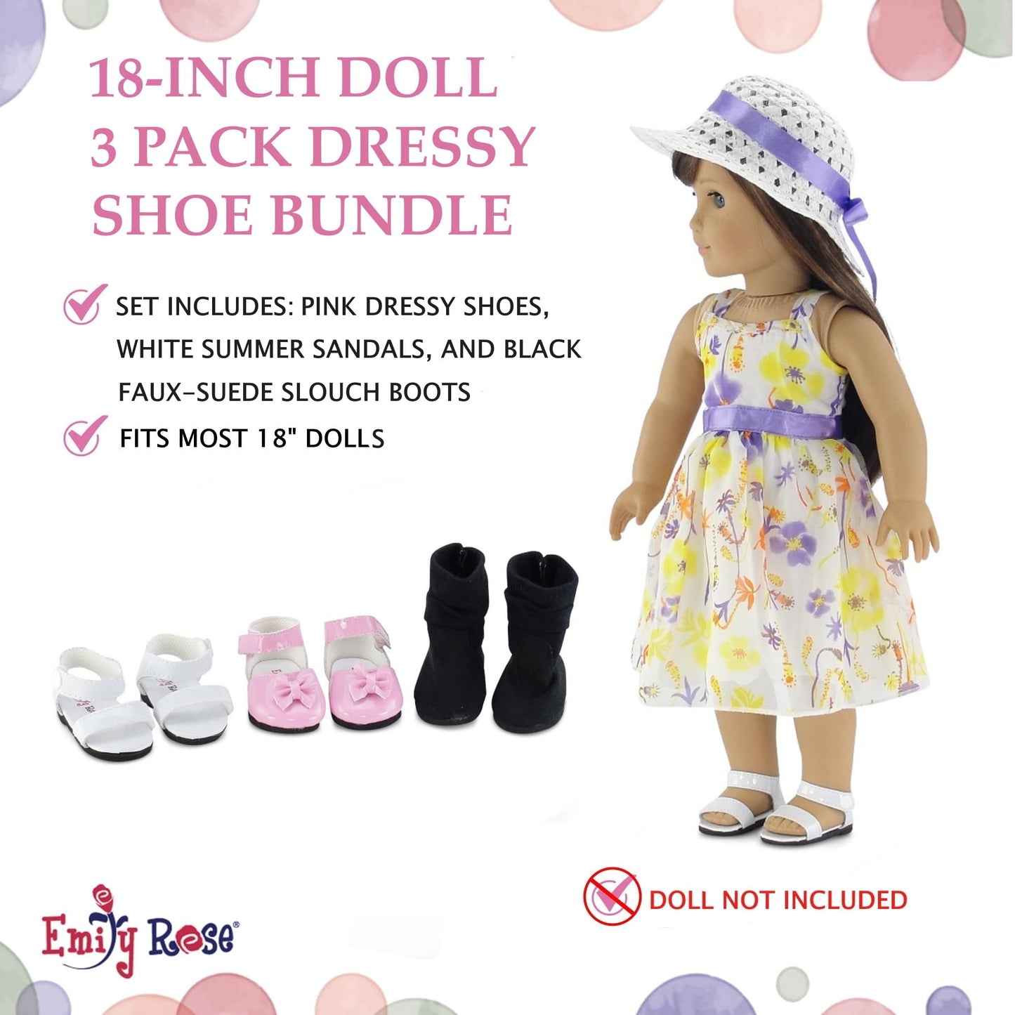 Emily Rose Doll Clothes - 3 Pack 18-Inch Doll Shoes Value Gift Set: Pink Shoes, White Sandals and Black Boots | Accessories Compatible with 18"
