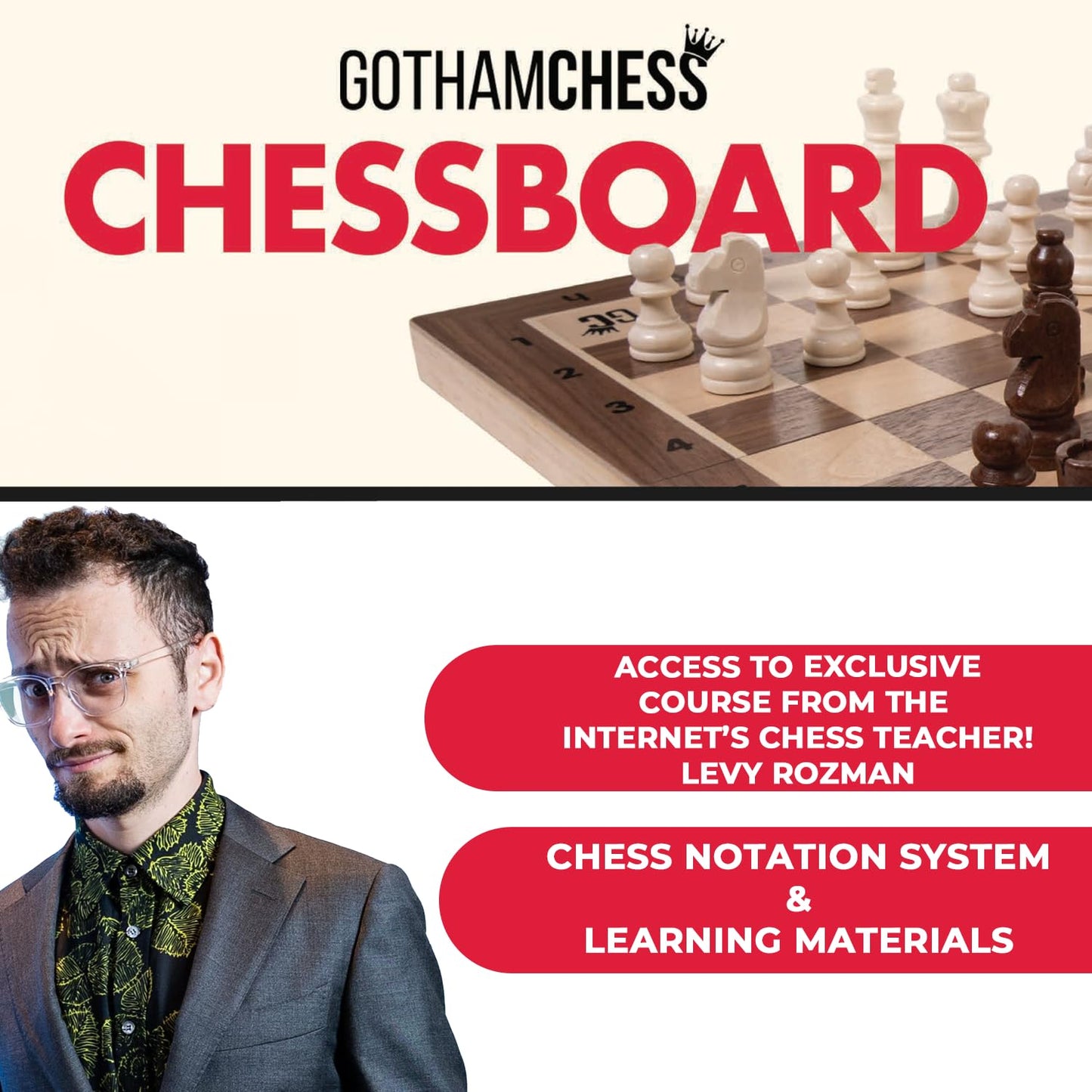 GothamChess Board | Foldable & Portable, Magnetic Chess Pieces, Organized Fitted Storage, Includes Course by International Master Levy Rozman, Game