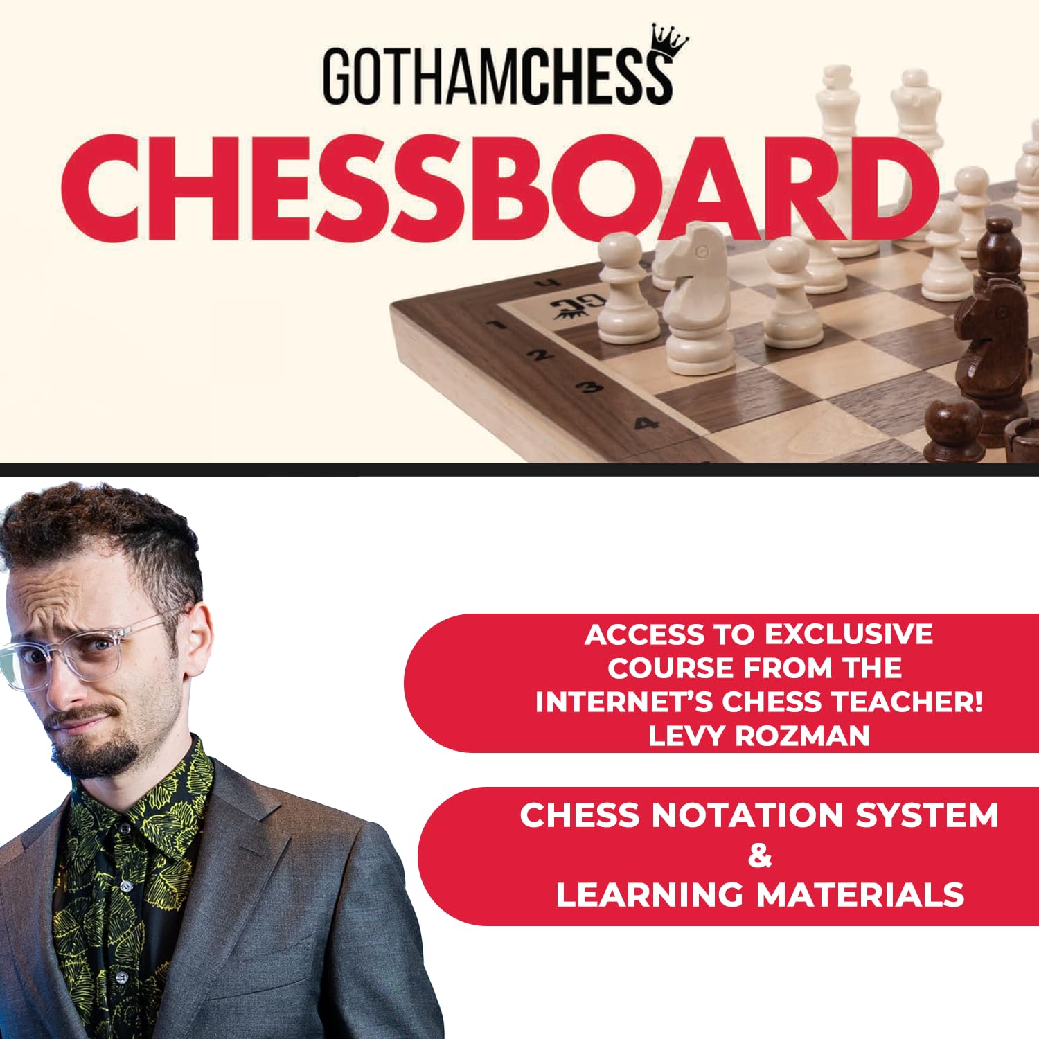 GothamChess Board | Foldable & Portable, Magnetic Chess Pieces, Organized Fitted Storage, Includes Course by International Master Levy Rozman, Game