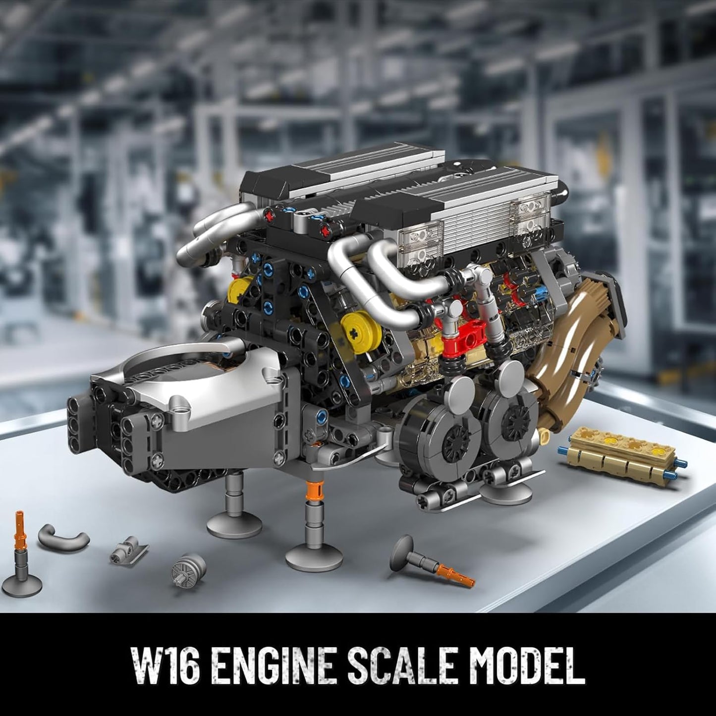 Mould King W16 Engine Building Blocks Set, Combustion Engine Model that Runs, Mini Engine Build Kit for Adults with Battery and Motor, Engineering