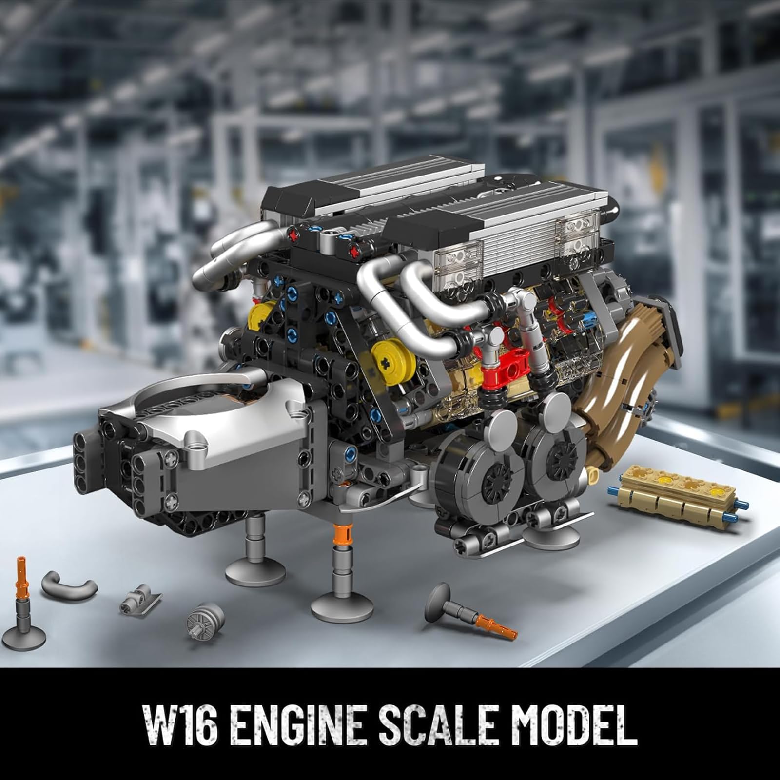 Mould King W16 Engine Building Blocks Set, Combustion Engine Model that Runs, Mini Engine Build Kit for Adults with Battery and Motor, Engineering
