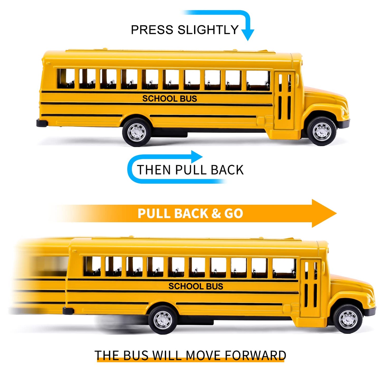 DUNRIOG TOYS 2 Pack 5.5'' Pull Back School Bus, Die-cast Metal Toy Vehicles with Bright Yellow for Kids Boys Girls