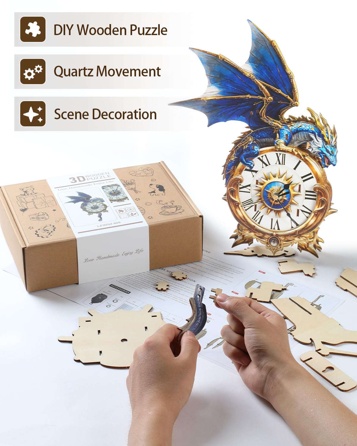 3D Wooden Puzzles for Adults, Blue Dragon Clock with Pendulum Model Kit, 3D Puzzles for Adults Room Home Decor DIY Wall Clock Kit, Holiday Birthday