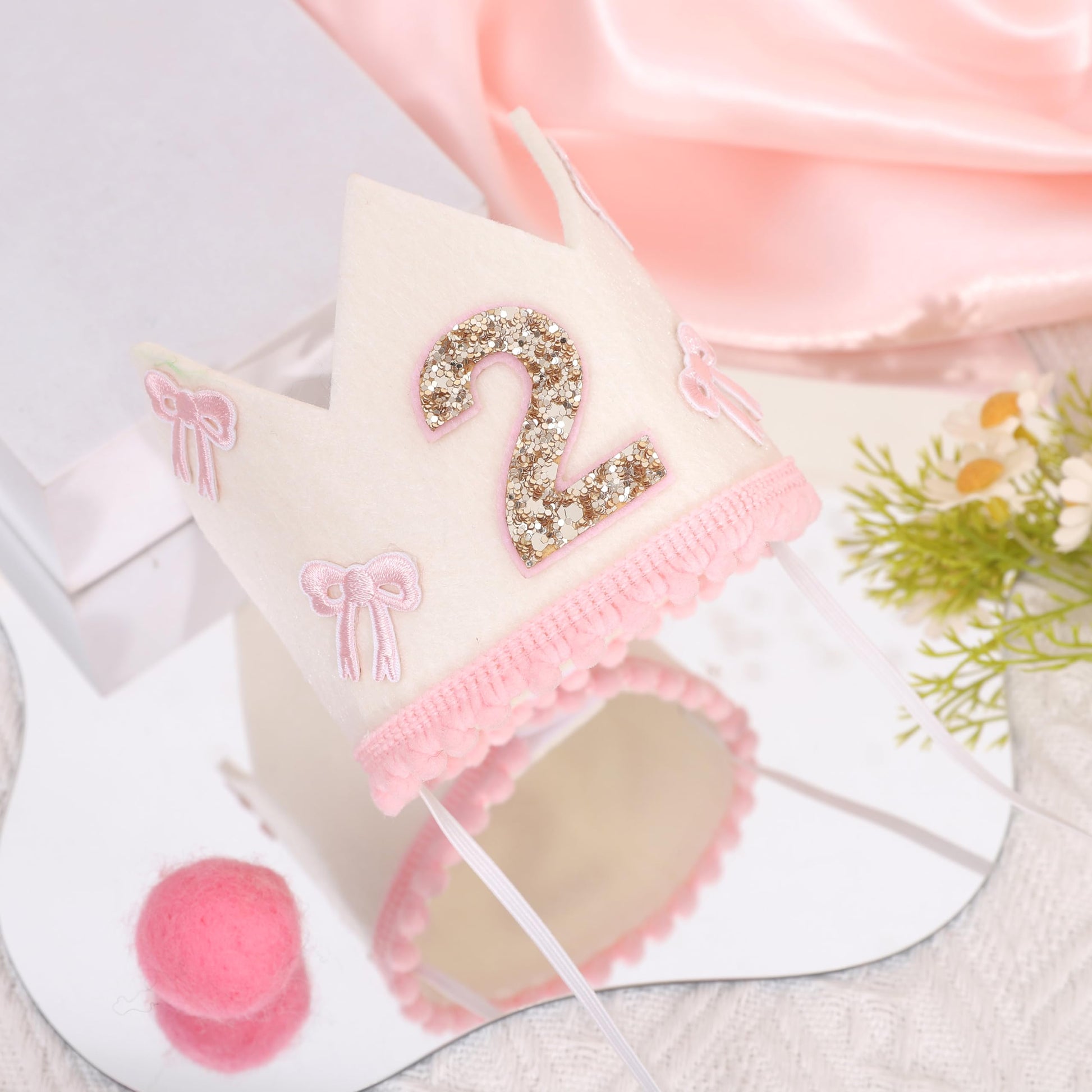 Pink Bow 2nd Crown,Bow 2nd Birthday Theme Crown,Girl Second Birthday Decor