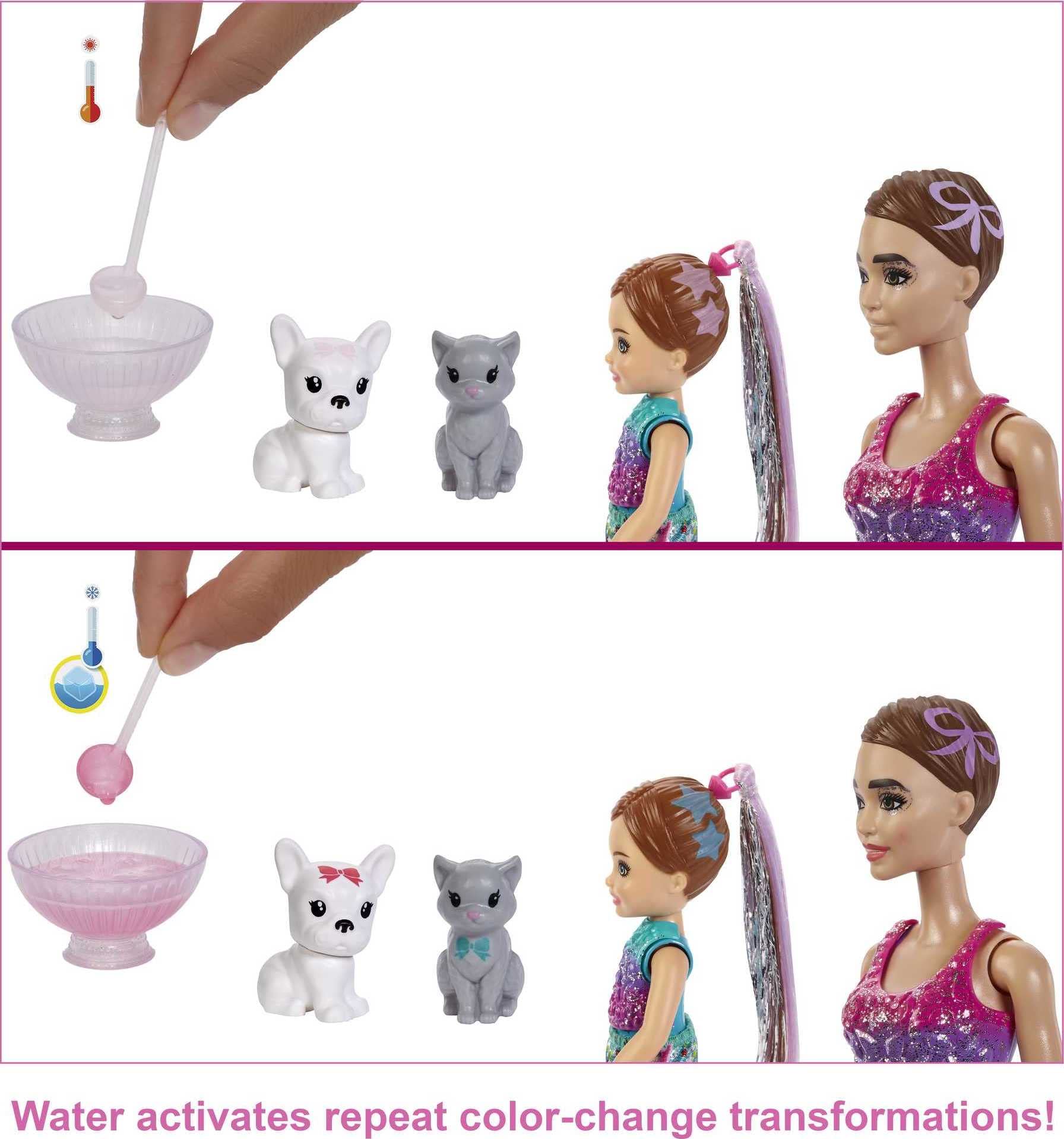 Barbie Color Reveal Surprise Party! Set with 50+ Surprises: 1 Doll, 1 Chelsea Doll, 2 Pets, 6 Color-Change Activations, Accessories & More, Dance