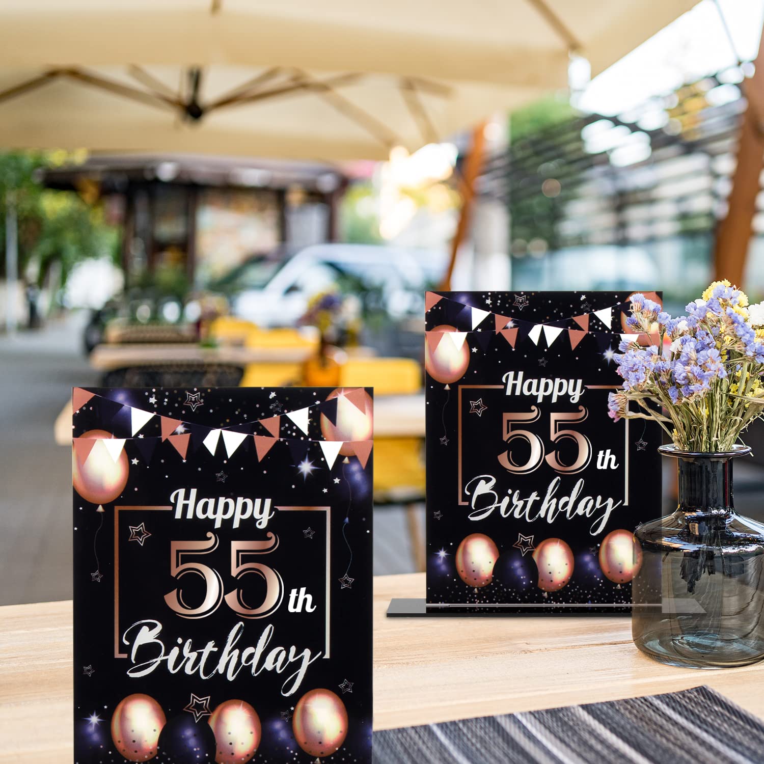 LINGTEER Happy 55th Birthday Decorations, 2Pcs Black&Gold Stand Print Acrylic Table Centerpieces Backdrop Board- Cheers to 55 Years Old Fun Birthday