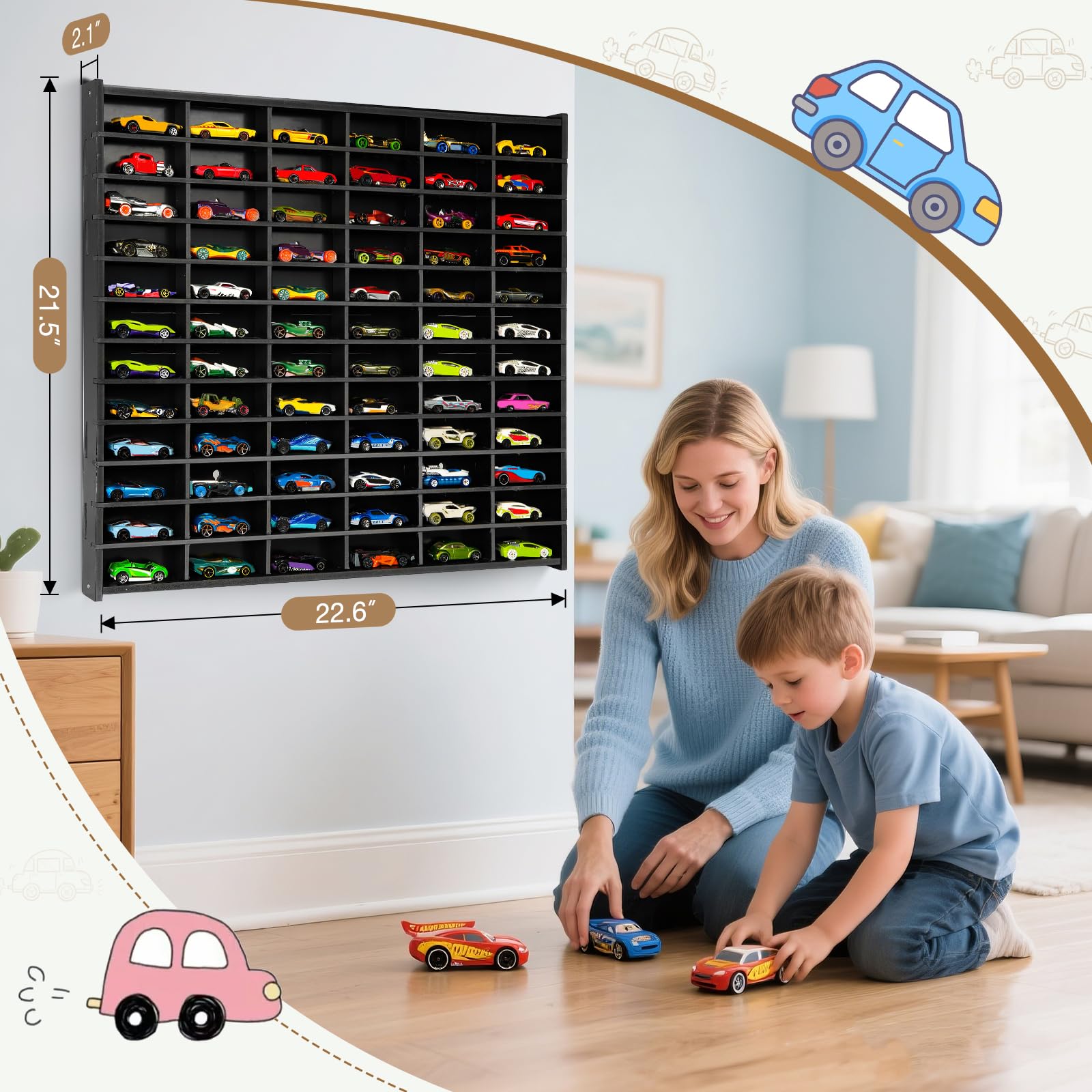 Arkiya Toy Car Storage Display Case, 72 Slots Model Car Display Shelf for 1/64 Scale Toy Cars, Wall Mount Organizer Rack for Diecast Models (Black)