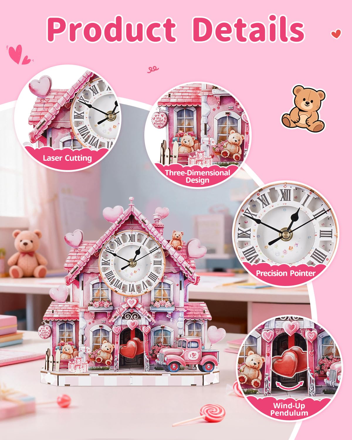 Rnfinewow 3D Wooden Puzzles for Adults, 3D Puzzle Sweetheart House Clock Kit (with Pendulum), 3D Puzzles for Adults Home Decor DIY Clock Puzzle Gifts
