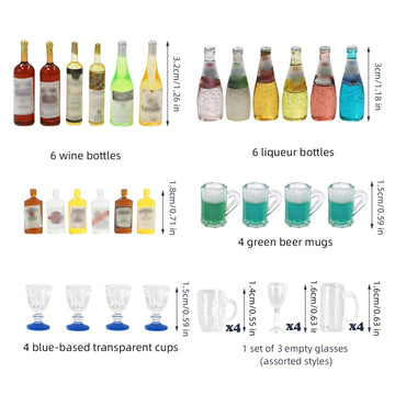 iLAND 1/12 Scale Accessories Mini Wine Bottles Glasses 38pcs Set Dollhouse Miniatures Bar Champagne Cocktail for Action Figure Accessories Mini Cake