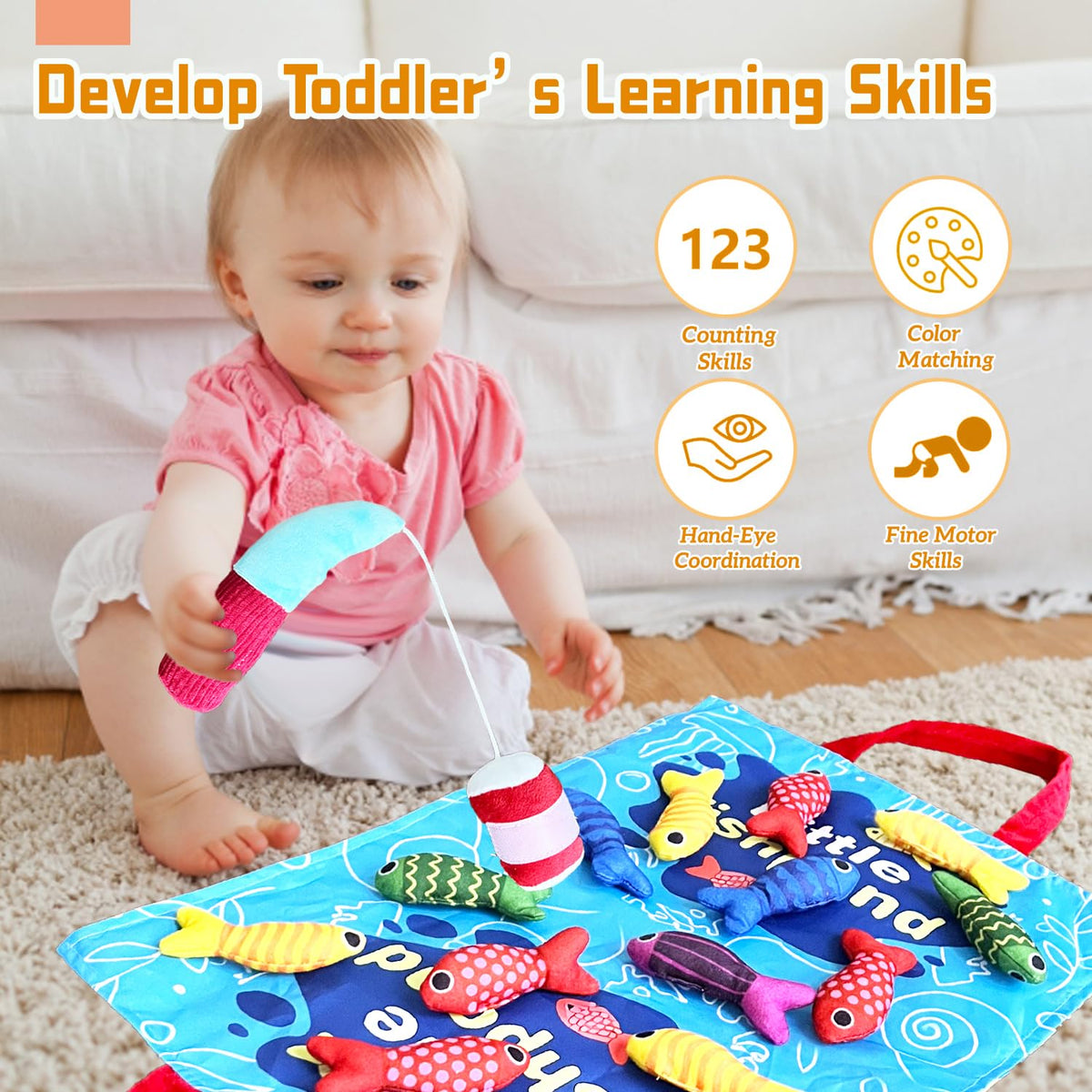 ZCMFHTD Montessori Toys for 1 Year Old, 22PCS Cloth Fishing Game with Stacking Cups Sensory Baby Toys 6-12 Months,Toddler Education Learning Toys