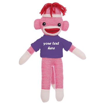 Made By Aliens Personalized Huggable Pink Sock Monkey 8 Inch Plush Stuffed Animal Gift - Custom Text on Shirt - Perfect for Valentine's Day