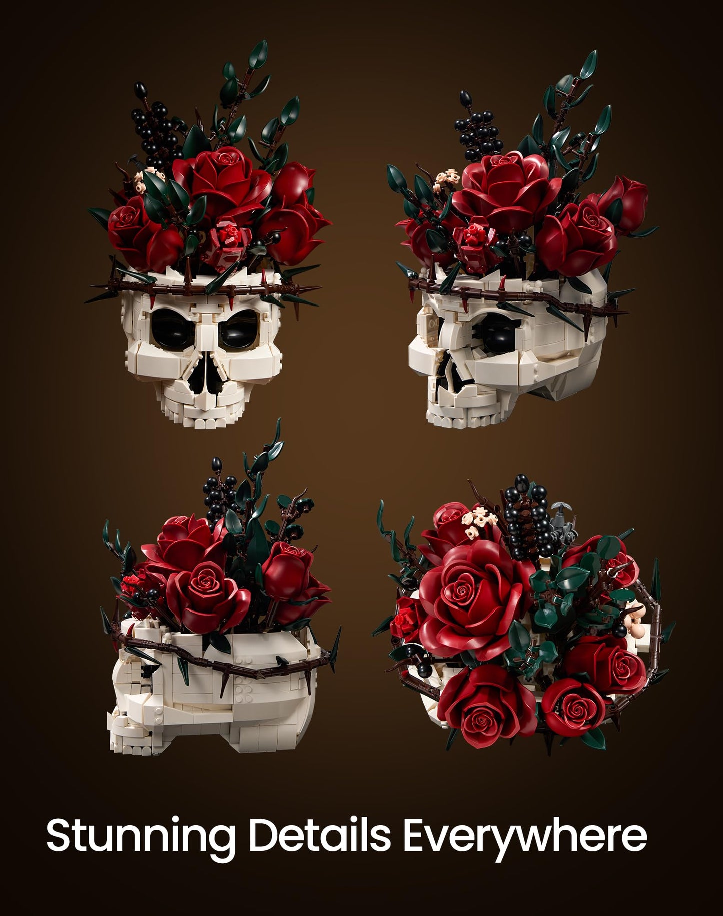 Gothic Skull Rose Flower Bouquet Building Set - Horror Skeleton Botanical Brick Kit for Adults, Gothic Decor with Red Roses, Dark Aesthetic Skull