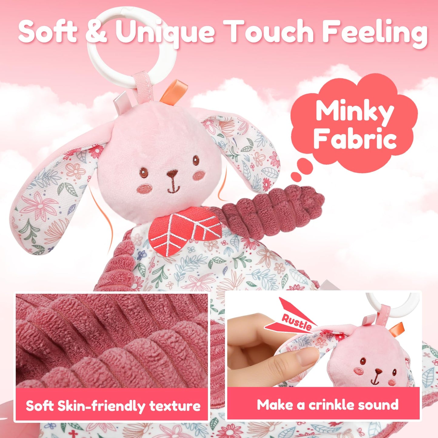 GKDOMS Baby Lovey Rabbit Stuffed Animal for Infant Boys and Girls, Security Blanket and Hand Shaker Set Newborn Stuffed Hanging Animal Plush Snuggle