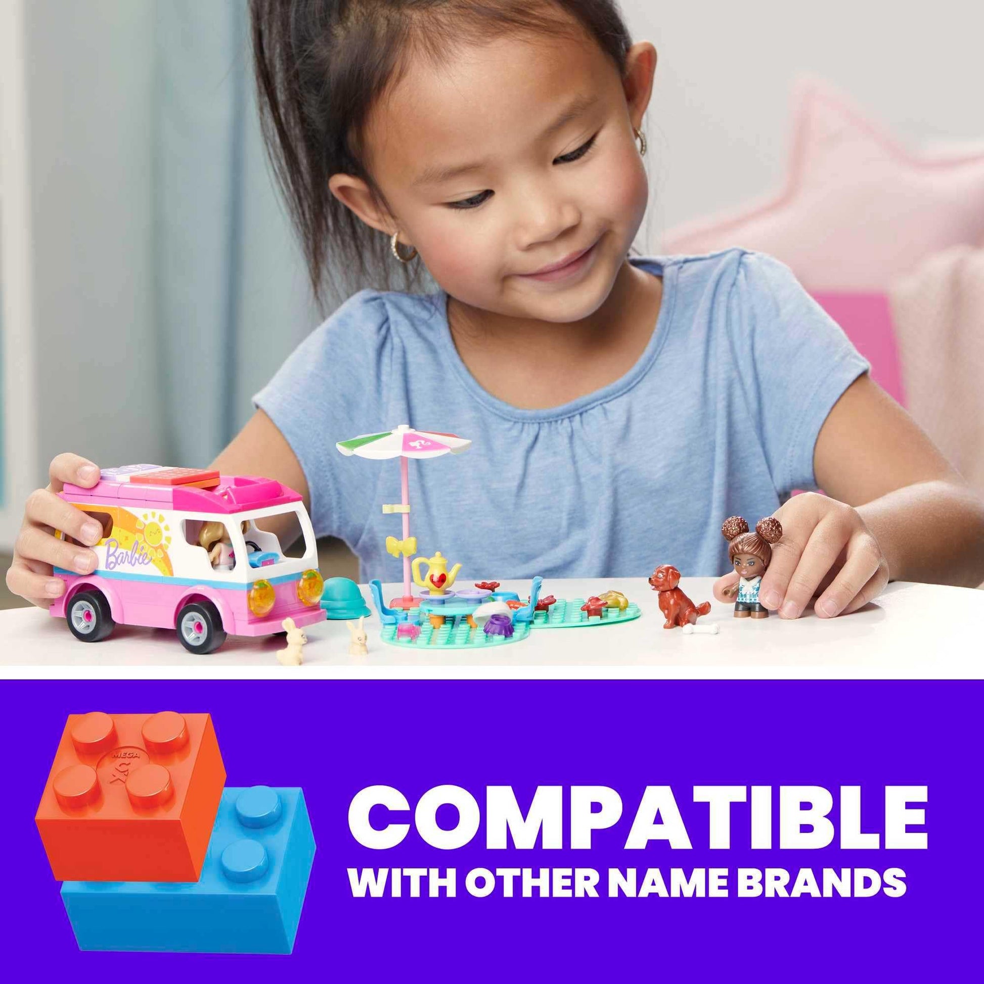 MEGA Construx Barbie Kids Building Toy Set, Adventure DreamCamper with 123 Pieces, 2 Micro-Dolls, Furniture and Accessories, Pink, Ages 5+ Years
