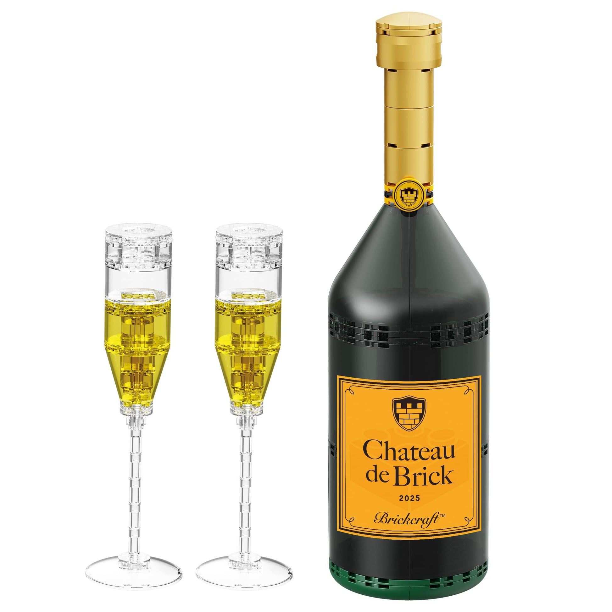 Brickcraft Champagne Bottle and Glasses Building Set,136 Piece Collectible Block Kit, 11 Inch Tall Display Bottle with Two Flutes Romantic Valentines