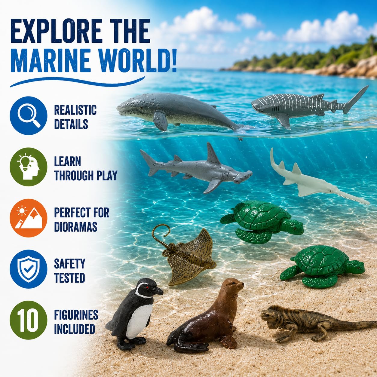 Safari Ltd. Endangered Marine Species TOOB - Figures of Whales, Marine Iguana, Galapagos Penguin, Sea Lion, Spotted Eagle Ray, Sawfish, Hammerhead