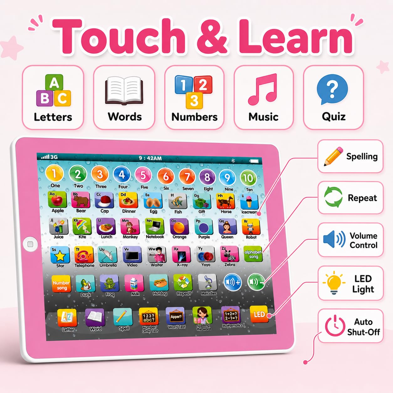 Wenbeier Kids Tablet Learning Pad Toddler Tablet with ABC Word Song Music Number Electronic Interactive Toy for Educational Preschool Boys & Girls 1 2