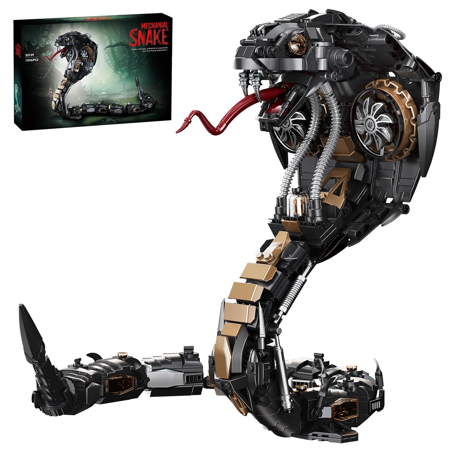 GHQYTPR Mech Snake Building Blocks Set 1036 Pieces Steampunk Black Mamba King Cobra Model Kit Articulated Reptile Construction Toy Cyberpunk Home
