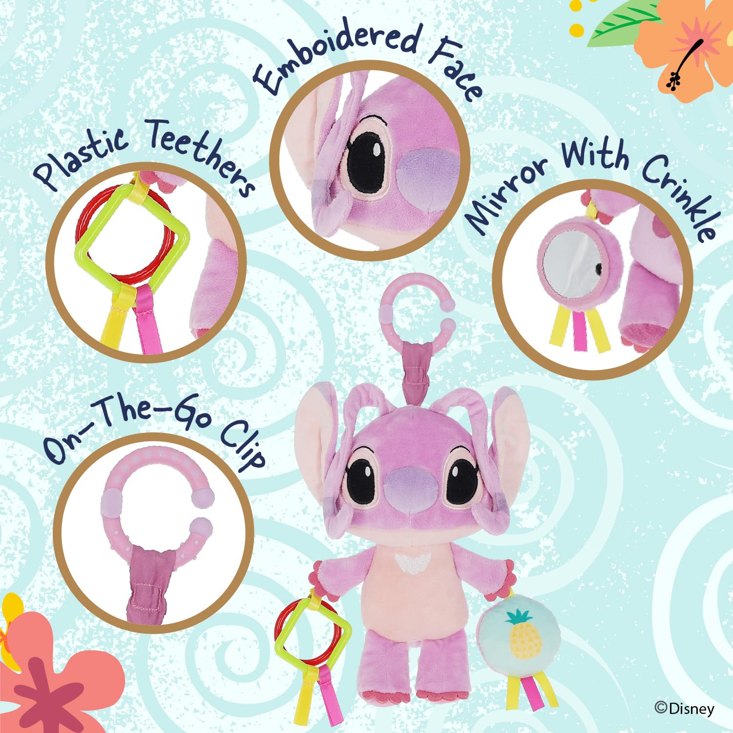 Kids Preferred Disney Baby Lilo and Stitch Angel On The Go Activity Toy with Teether Rings, On The Go Clip, Crinkle Texture, and Mirror