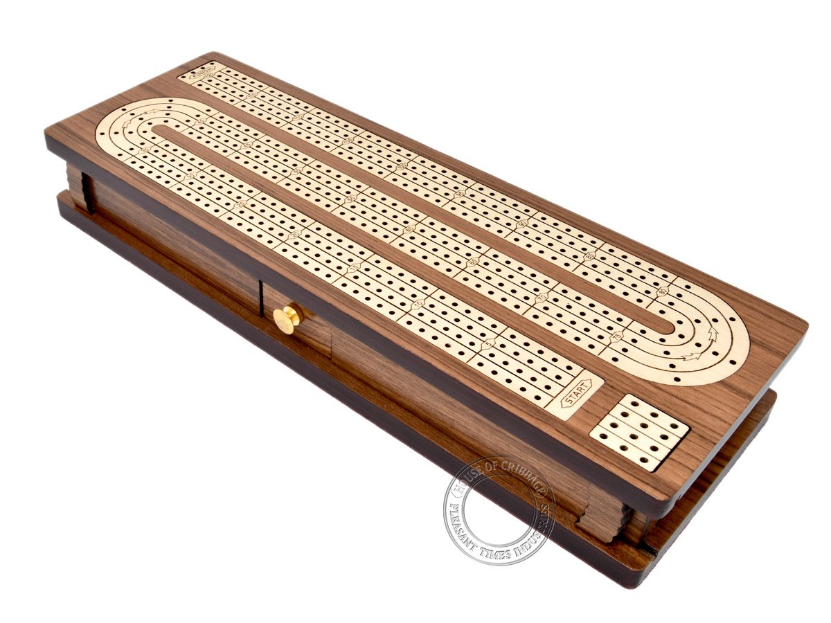 House of Cribbage - Continuous Cribbage Board Inlaid in Teak Wood/Maple Wood - 4 Track - Separate Storage Space for Two Deck of Cards & Pegs