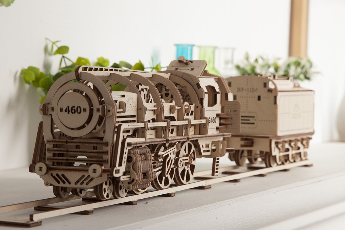 UGEARS Locomotive with Tender Mechanical 3D Puzzle, Wooden Construction Set, Business Gift, Christmas and Thanksgiving Present, Adult Craft Set
