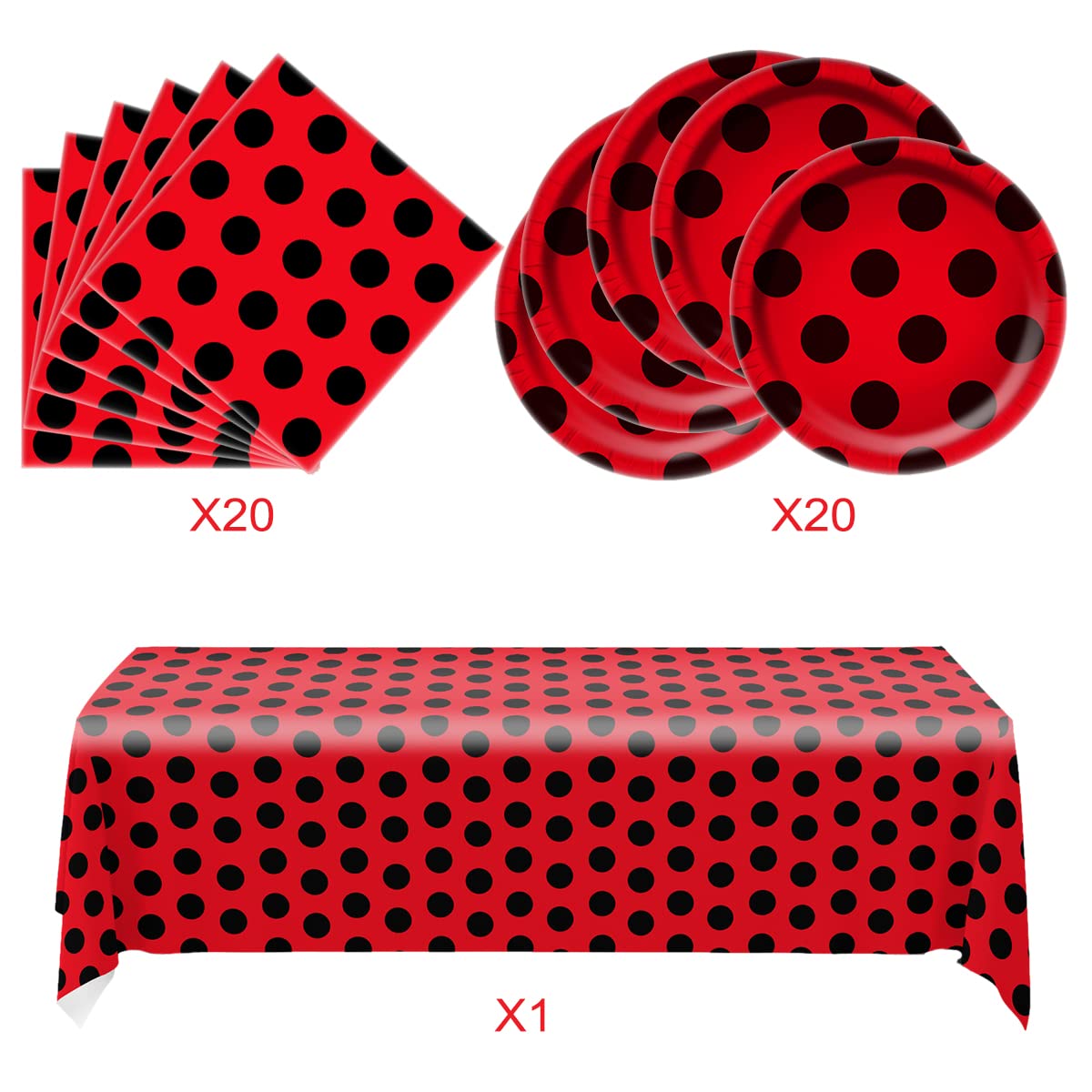 Ladybug Party Tableware Sets,20 Plates and 20 Napkins and Tablecloth87 '' x 52 '',Ladybug Theme Party Decorate Supplies