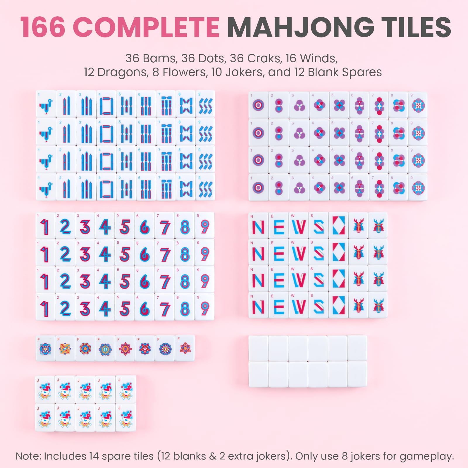 JOQQO American Mahjong Tile Set - 166 Pink Engraved Melamine Tiles 1.2 Inch - Easy Read Numbered Set with Bag, Dice, Chips, Rulebook & Reference Cards