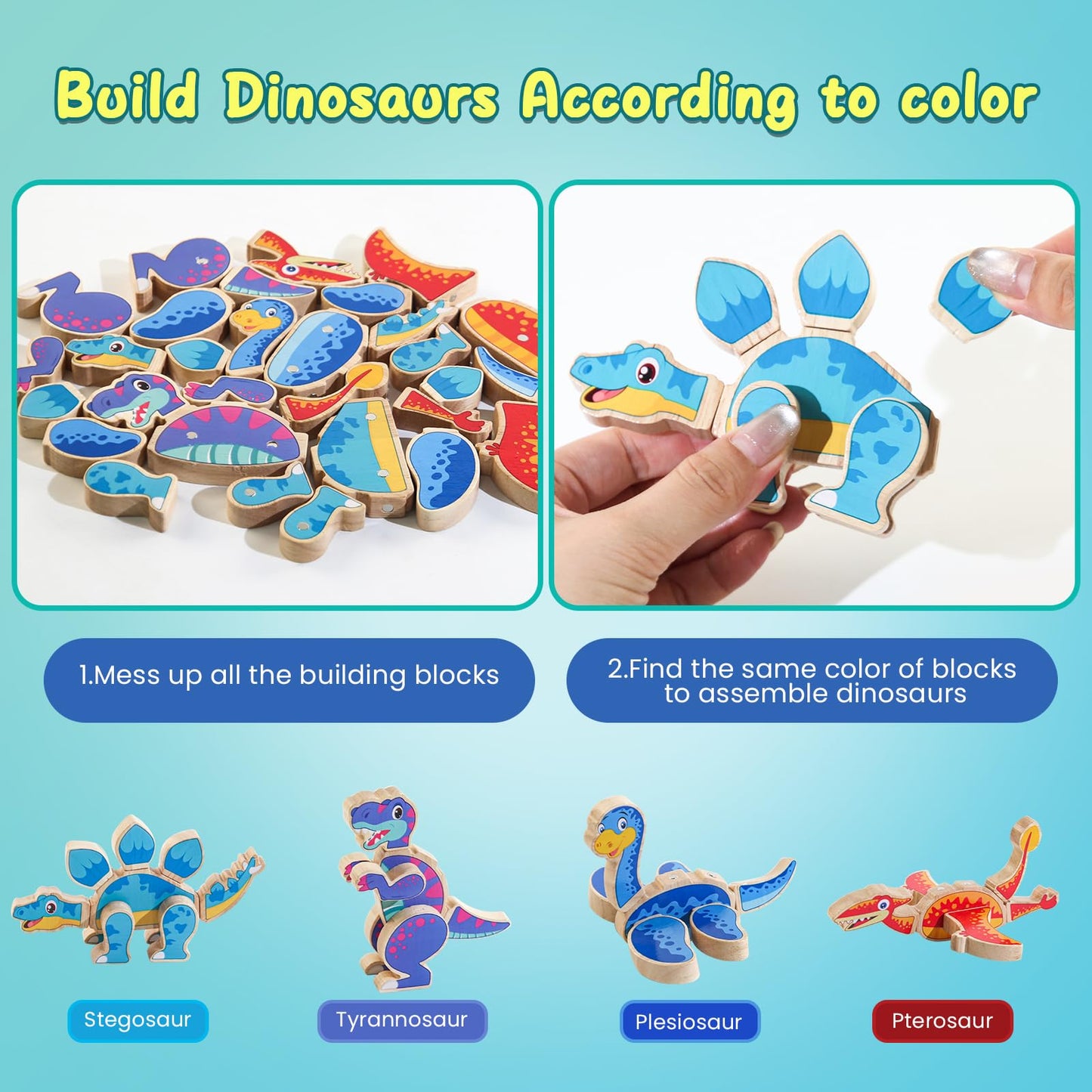 JugueteLand Magnetic Dinosaur Building Blocks, Wooden Dino Snap Blocks, STEM Take Apart Dinosaurs Playset, Montessori Fine Motor Skills Educational