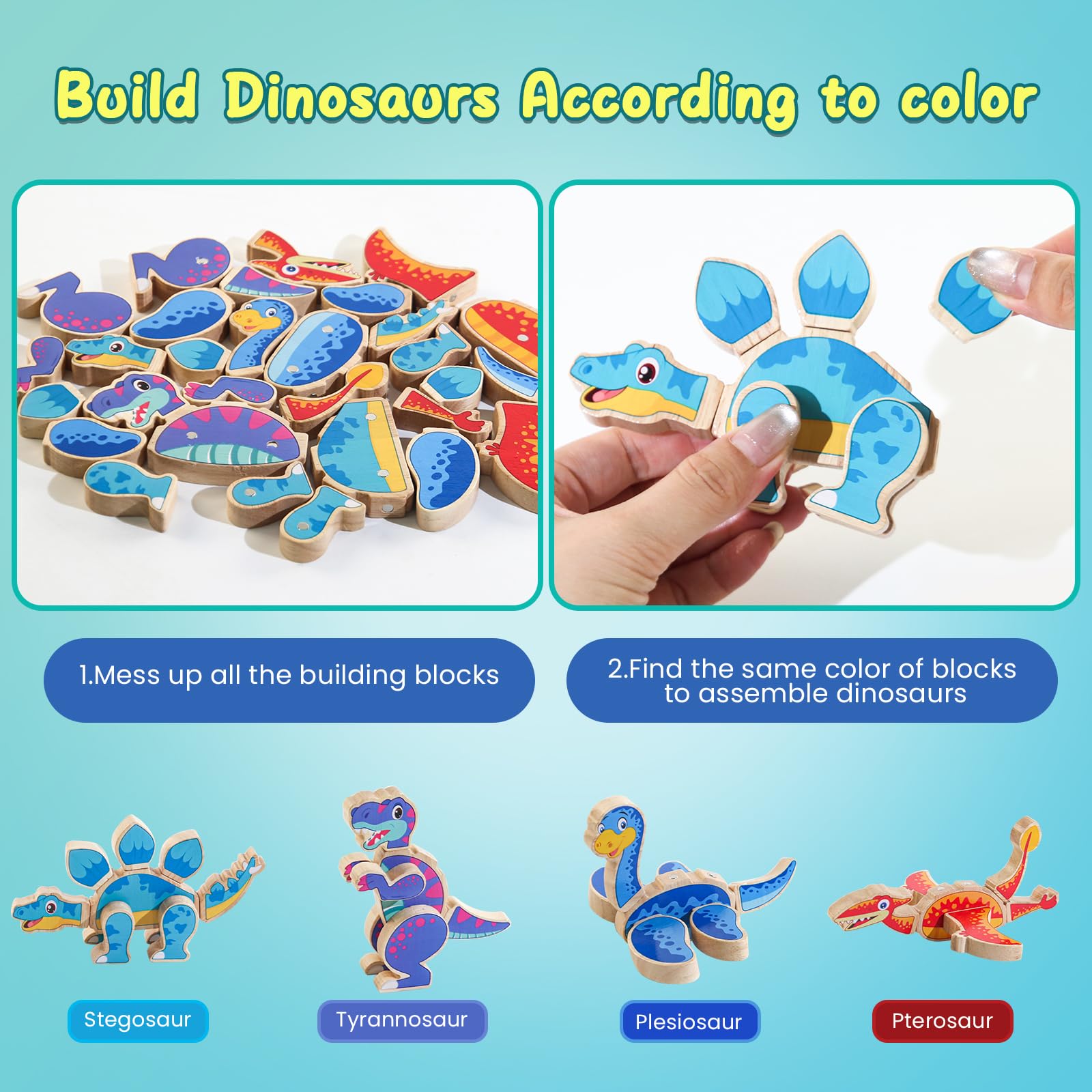 JugueteLand Magnetic Dinosaur Building Blocks, Wooden Dino Snap Blocks, STEM Take Apart Dinosaurs Playset, Montessori Fine Motor Skills Educational