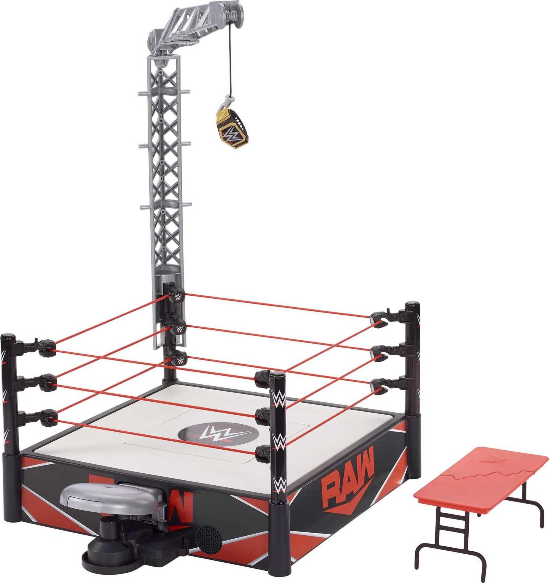 Mattel WWE Wrekkin Kickout Ring Playset 13-in x 20-in & 2 Modes: Randomized Pin Count Ref & Springboard Launcher, Includes Crane, WWE Championship
