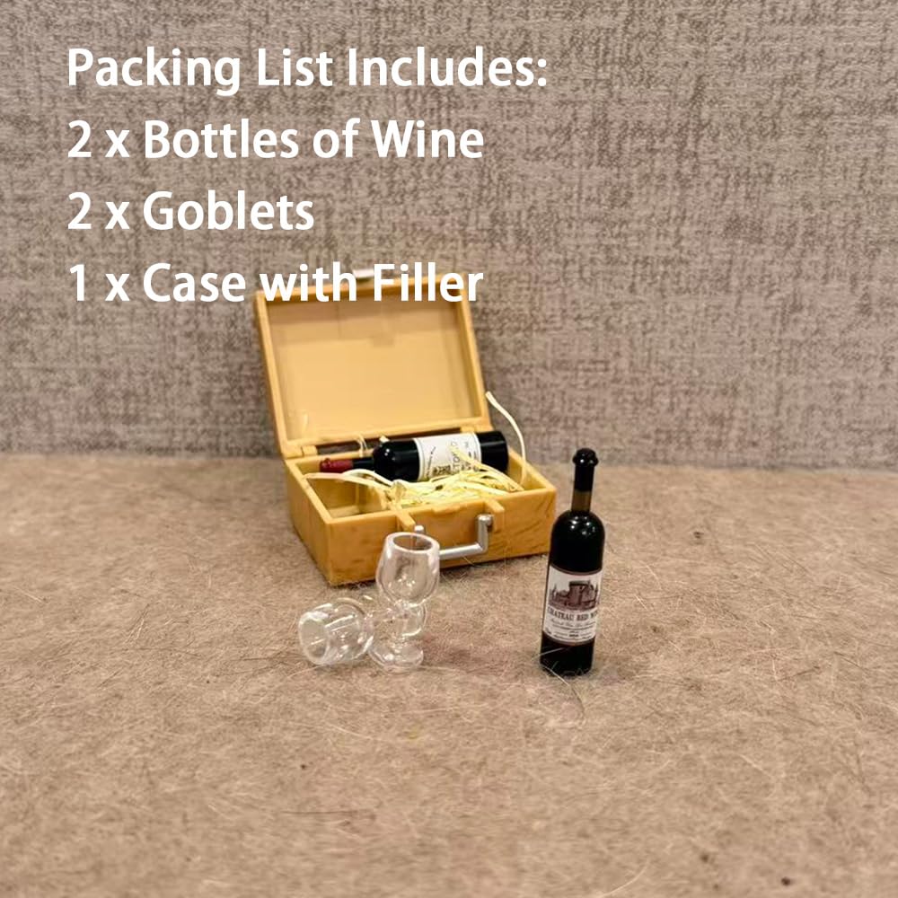 1/12 Dollhouse Miniature Wine Bottle Kit, Wood Case with Wine Glasses