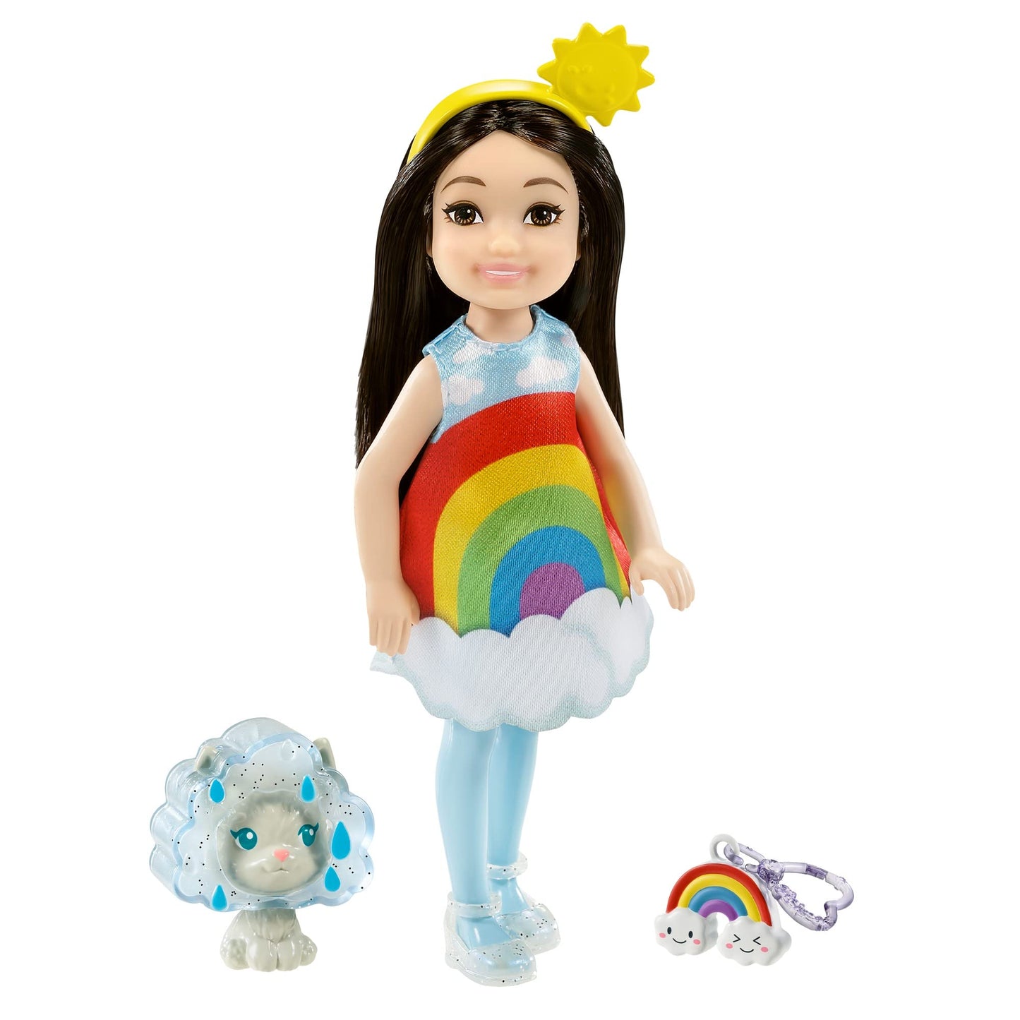 Barbie Chelsea Doll, 6-Inch Brunette Doll with Sun Headband, Rainbow Outfit, Pet Kitten, Charm Keychain & Accessories