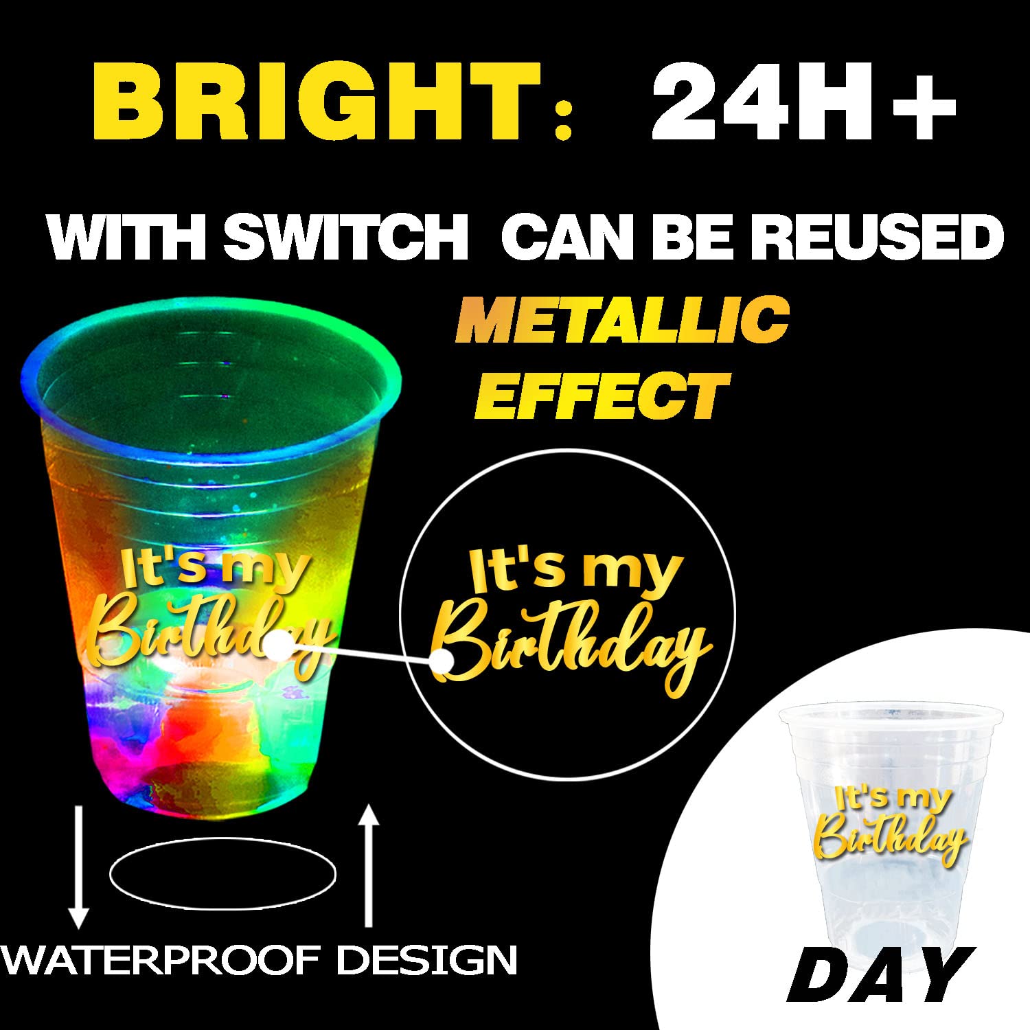 mishunyus 24 Pack Glow Birthday Squad Cups 16oz - Reusable Light Up Party Cups for Adult Birthdays 21st, 30th, 40th, 50th, 60th Theme Decorations