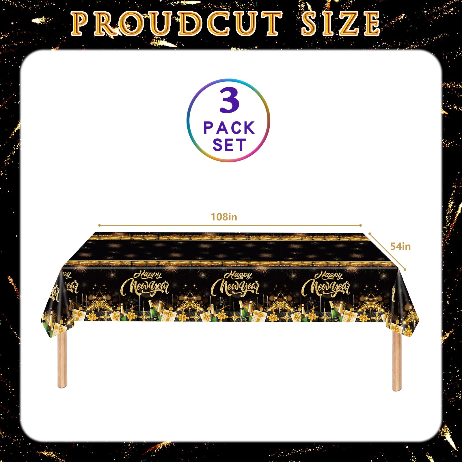 3 Pack Happy New Year Tablecloth with 3 Pack Banners, New Years EVE Party Supplies 2025, Black and Gold Rectangle Disposable Tablecloth and Banner