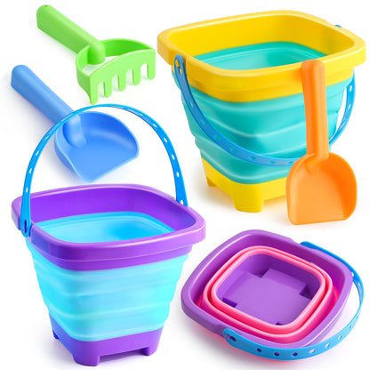 Beach Toys Collapsible Sand Toys 6 PCS Sand Buckets Set for Beach, Pool