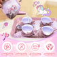 Unicorn Tea Party Set for Girls, Pretend Play Toy with Pink Tin Teapot, 4 Cups & Plates, Portable Carrying Case, Educational Gift for Toddlers Ages 3