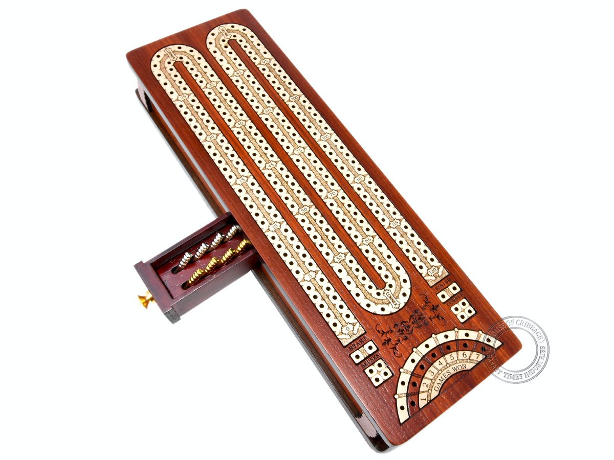 House of Cribbage - Continuous Cribbage Board/Box Inlaid in Bloodwood/Maple - 2 Track - Sliding Lid with Score Marking Fields for Skunks, Corners