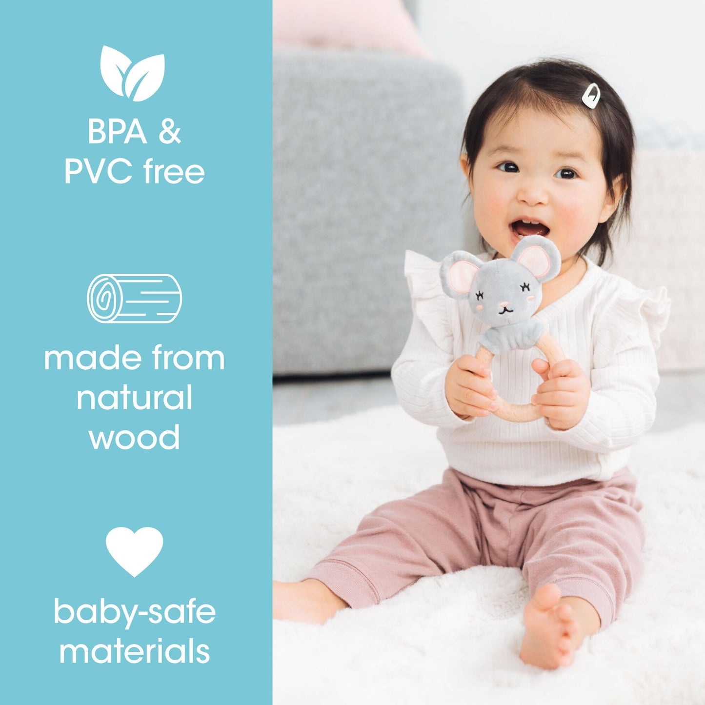 Pearhead Mouse Wooden Baby Teether - Soft Plush Lovey with Natural Wood Rattle Ring, BPA-Free, Soothes Infant Gums, Multi-Sensory Newborn Essential