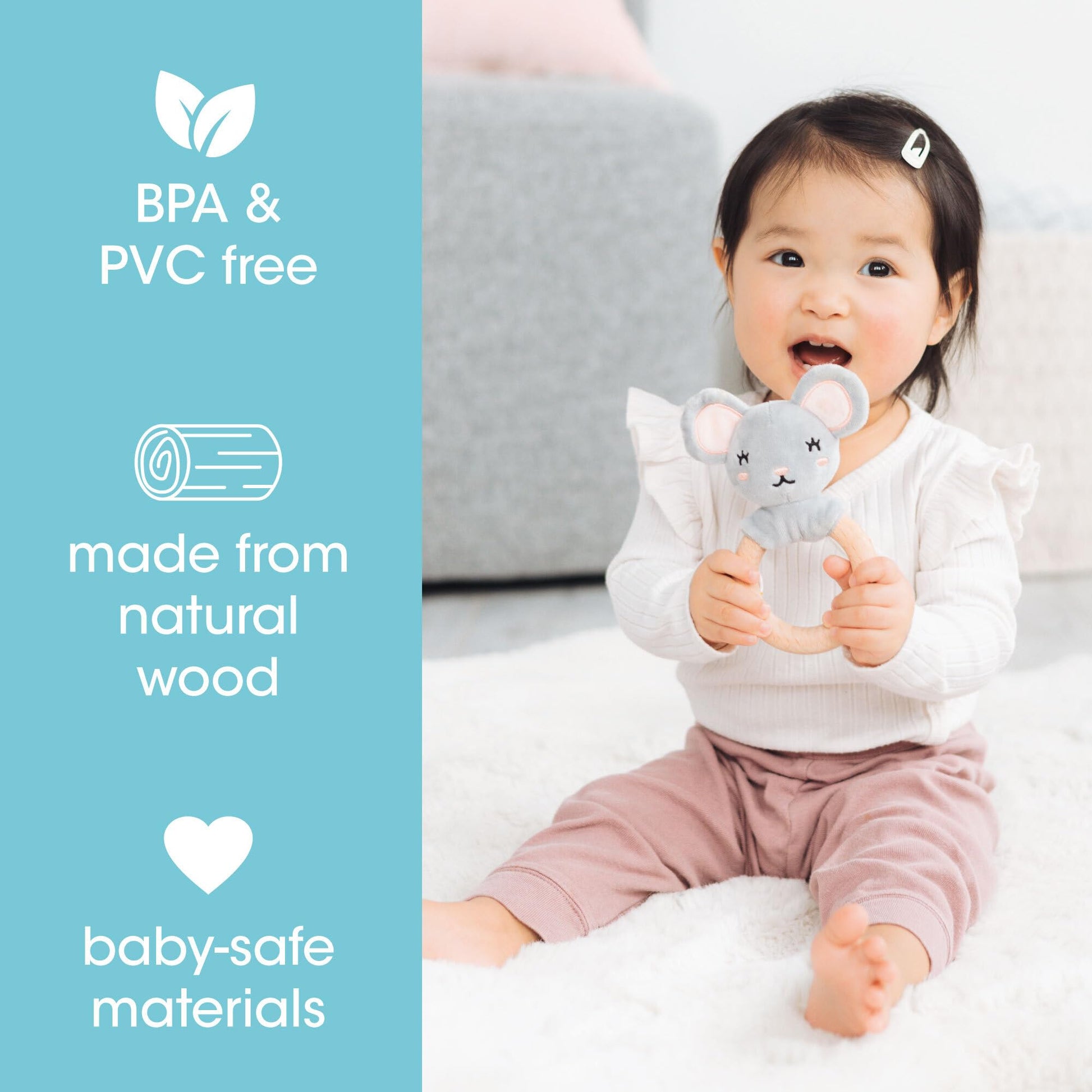Pearhead Mouse Wooden Baby Teether - Soft Plush Lovey with Natural Wood Rattle Ring, BPA-Free, Soothes Infant Gums, Multi-Sensory Newborn Essential