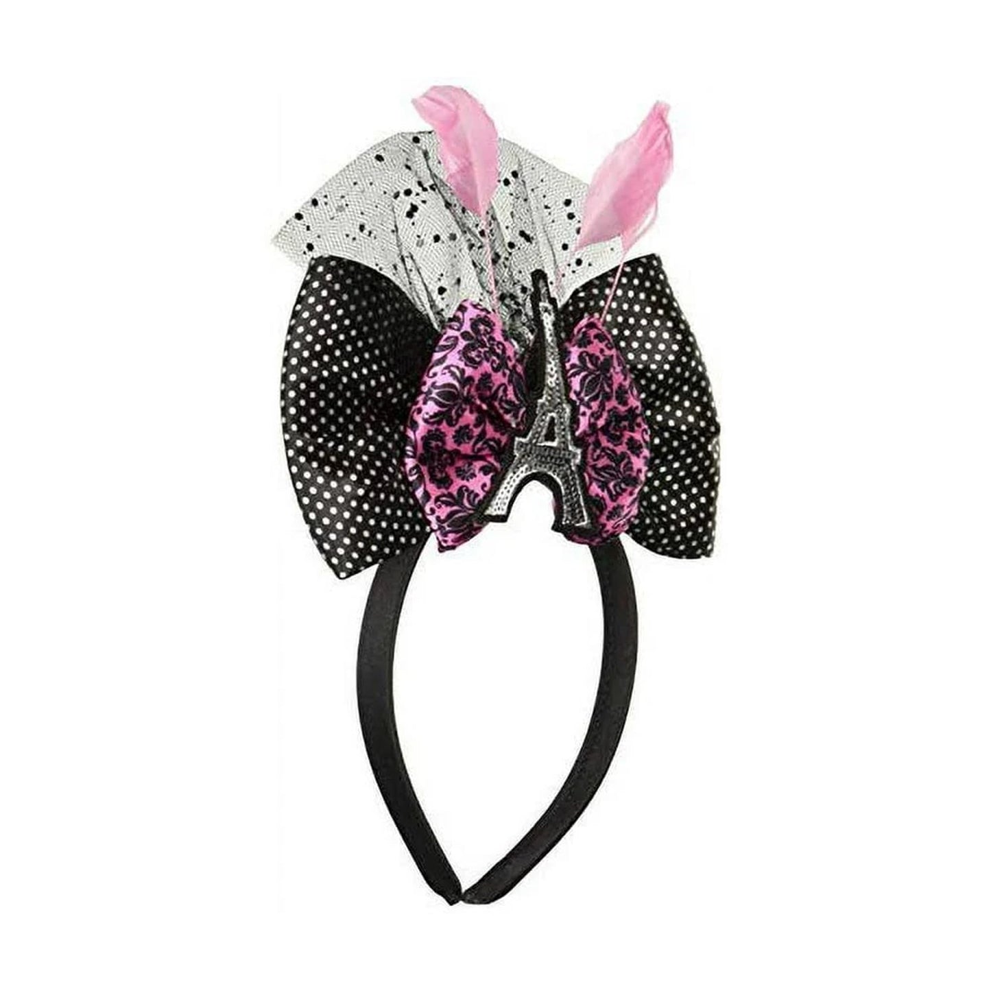Chic Day in Paris Deluxe Bow Headband - 9" x 6" (1 Pc.) - Elegant Black & Pink Design - Perfect for Any Parties