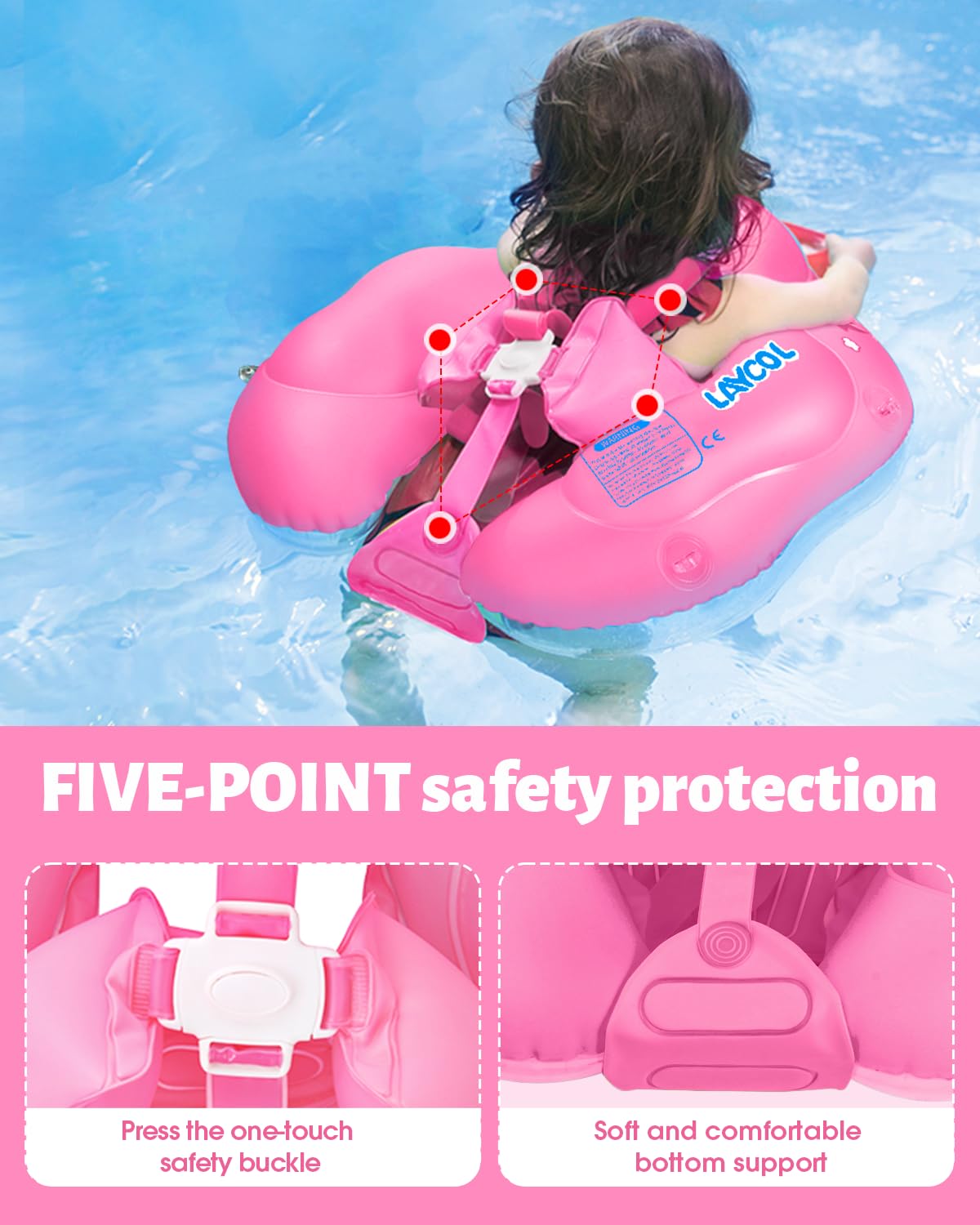 LAYCOL Baby Pool Float with Canopy UPF50+, 5 Point Safety Buckle No Flip Over, Inflatable Toddler Floaties Infant Pool Floats with Double Air