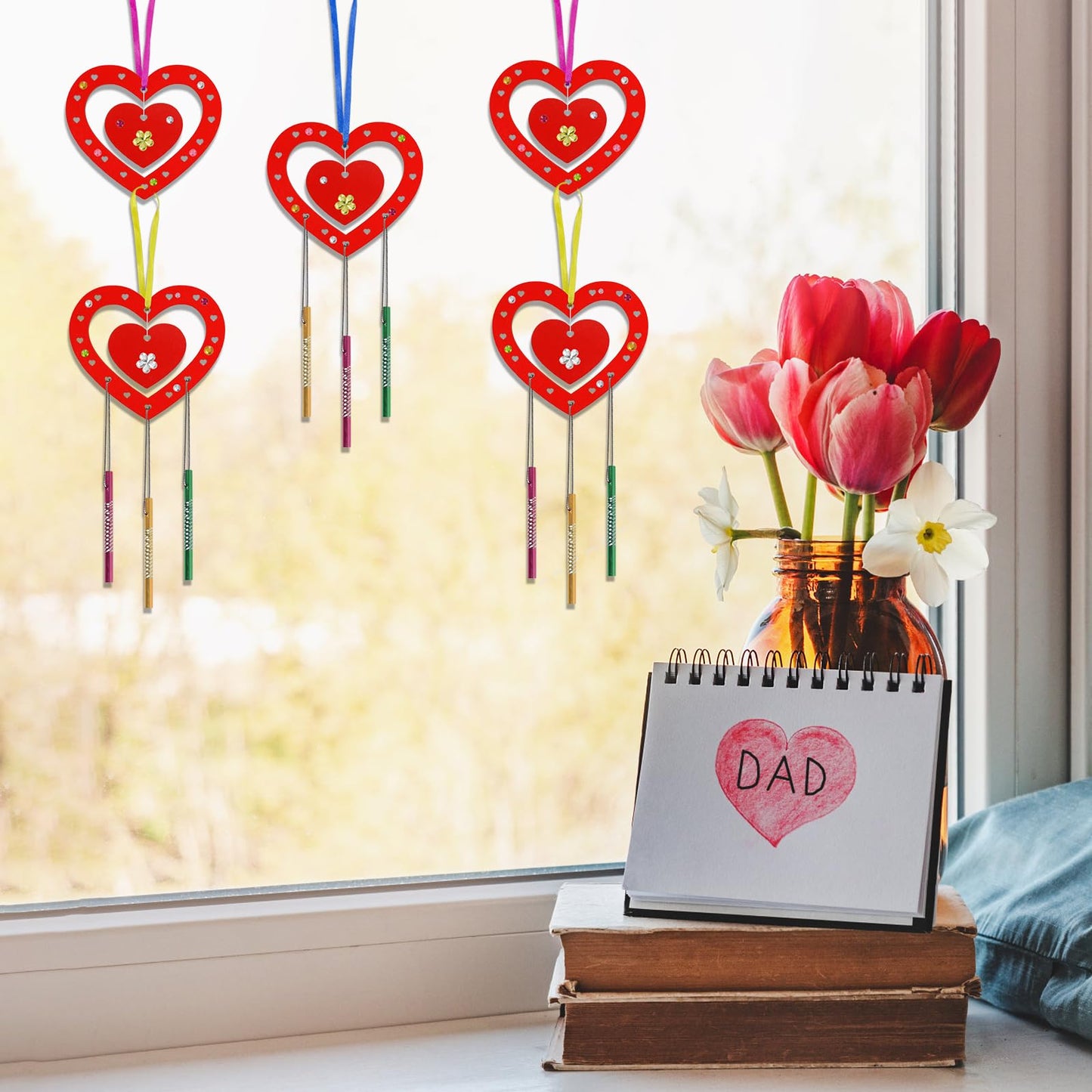 HONMOK 9 Pack for Him Her, DIY Red Love Heart Wooden Wind Chimes, Couples Art & Craft Kit for Boyfriend Girlfriend Wife Husband Valentine's Day