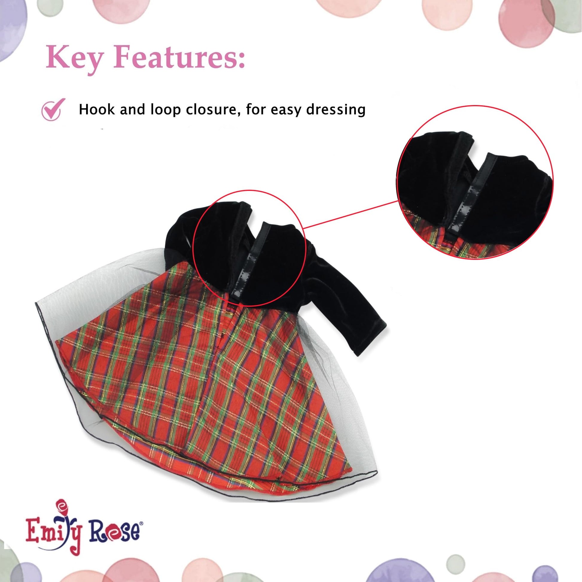 Emily Rose 14-inch Fashion Doll Clothes Fancy Holiday Party Dress with Black Velvet Top - Includes Matching Purse & Hair tie | Doll NOT Included | USA
