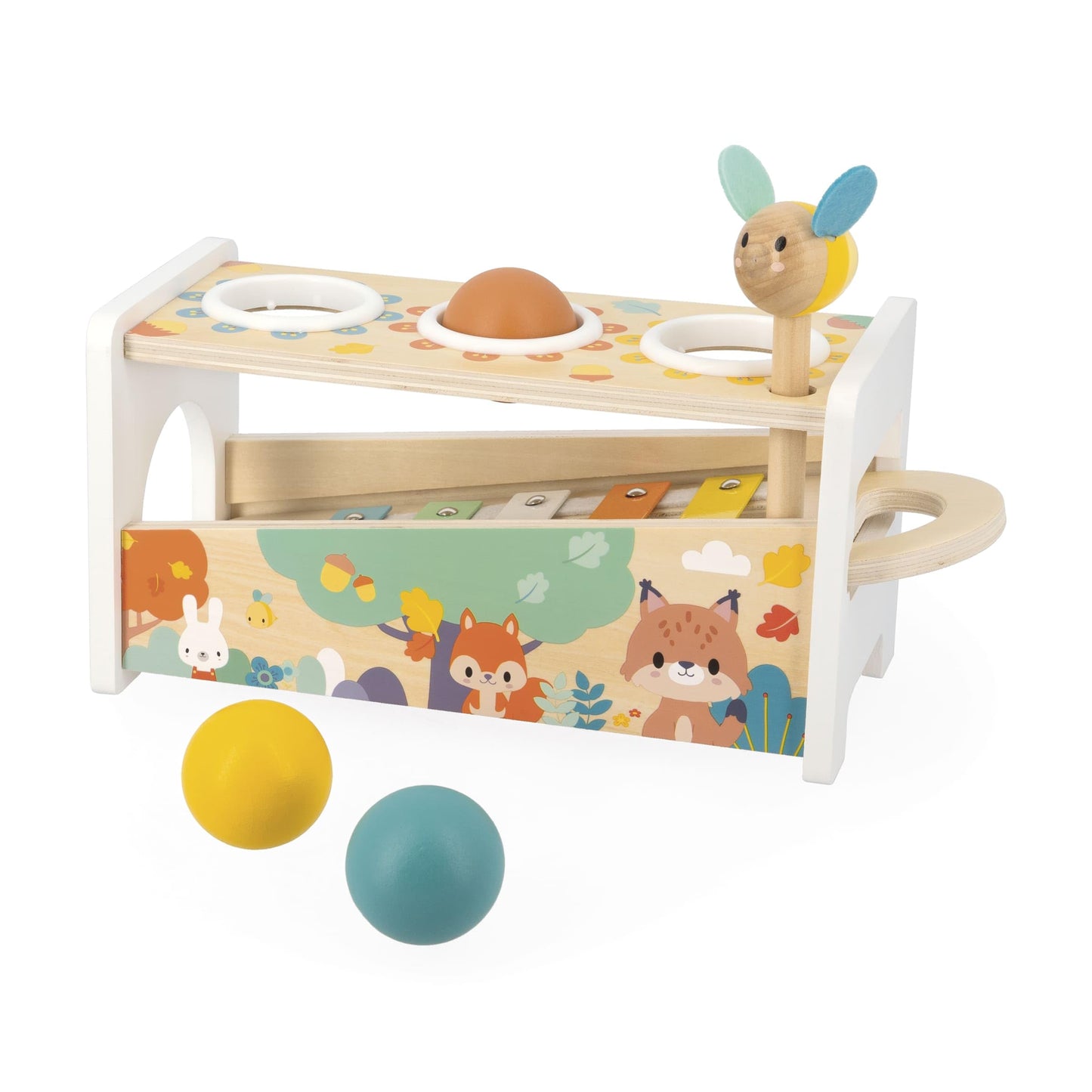 Janod Pure Tap Pastel Wooden Xylophone Pounding Bench with Cherry Wood Balls & Bee Shaped Hammer for Ages 12+ Months (J05155)