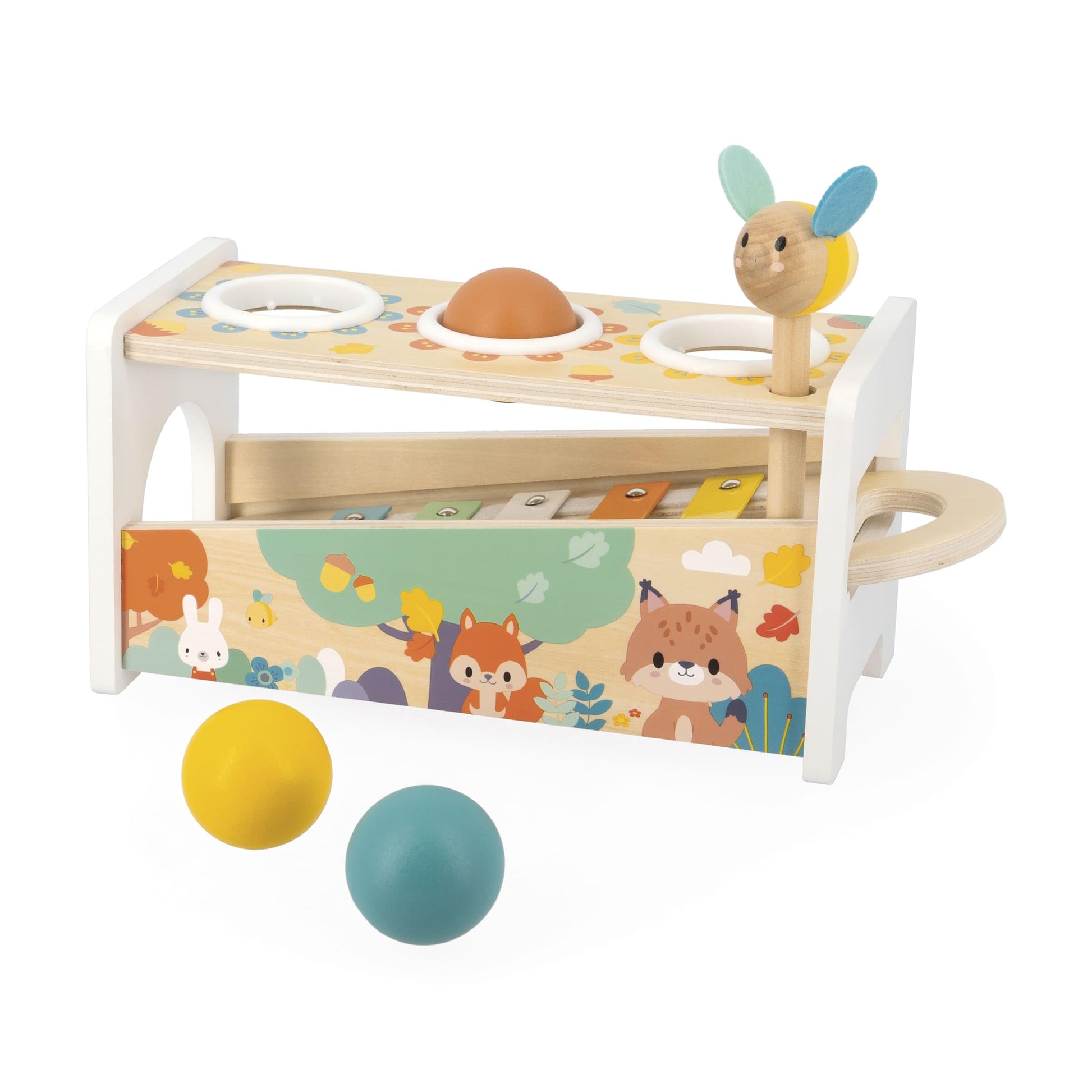 Janod Pure Tap Pastel Wooden Xylophone Pounding Bench with Cherry Wood Balls & Bee Shaped Hammer for Ages 12+ Months (J05155)