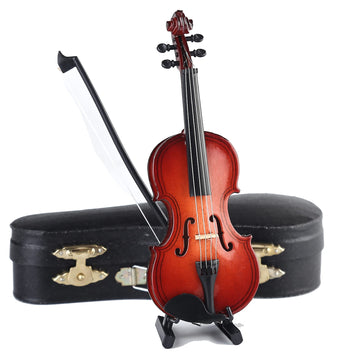 Dselvgvu Wooden Miniature Violin with Stand, Bow and Case Mini Violin Musical Instrument Replica Collectible Figurines Collection Decorative Ornament