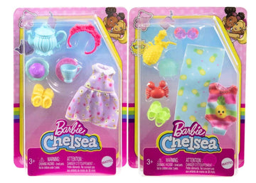 Barbie Chelsea Beach & Tea Party Accessory Fashion Pack Bundle - Mix of Beachwear & Tea Party Essentials for Chelsea Doll | Ages 3+