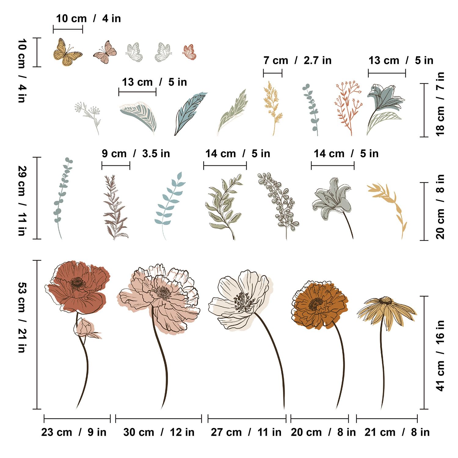 Large Boho Flower Wall Decals, Floral Grass and Butterfly Wall Stickers for Bedroom Living Room Decor Gifts for Mom