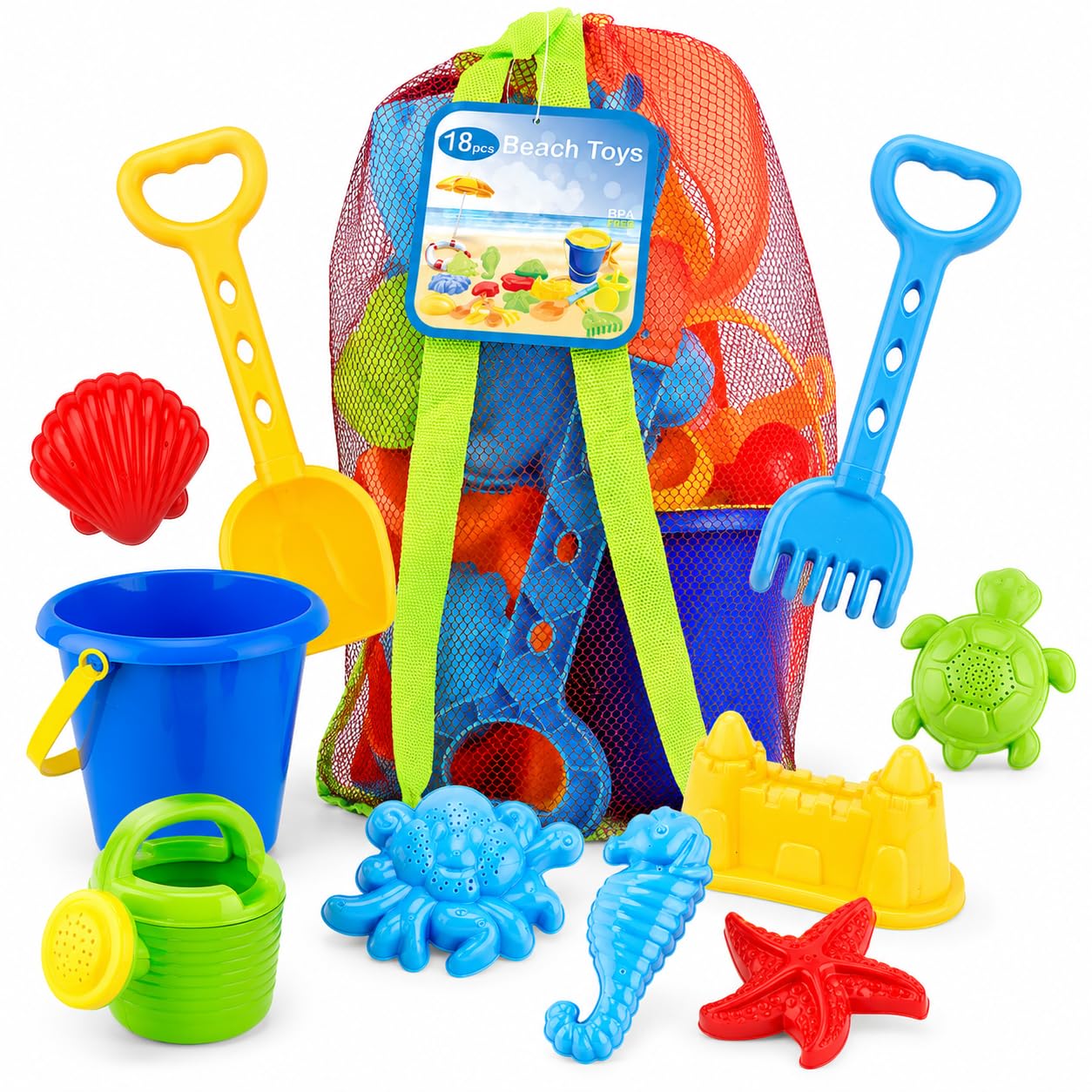 Click N' Play Beach Toys for Kids 3-10 - 18pc Sand Toys Including Sand Buckets for Kids with Sifter, Watering Can, Rake, 4 Hand Tools, 10 Sand Molds